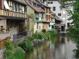 old truss buildings at river, france, alsace