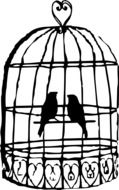 two birds in vintage cage, silhouette, drawing