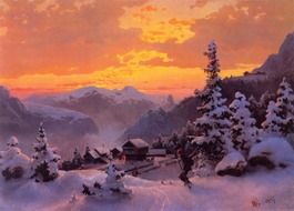 village in mountain at winter sunset, painting by hans vinteretter