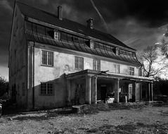 black and white image of an old house in germany