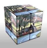 cube with image of house in scotland countryside, digital art