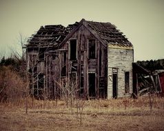 ruined abandoned wooden building at wilderness