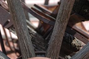 closeup view of Spokes for an old wagon wheel