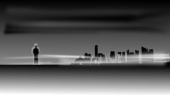man stays in fog at distant city, illustration