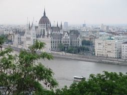 parliament building on embankment in city, hungary, budapest