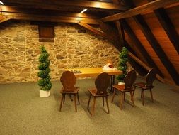 cozy interior with wooden walls, ceiling and furniture in wedding hall, germany, laufenburg