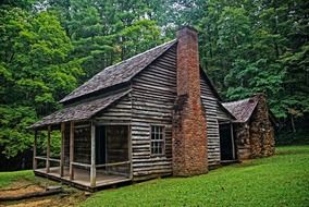 log cabin with brick chimney at summer forest