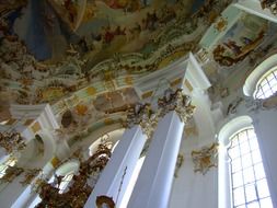 Pilgrimage Church of Wies, columns at ornate ceiling, germany, Steingaden