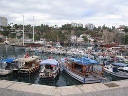 boats parked in port at city, turkey, antalya