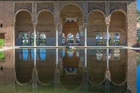 Reflection in the water of a mosque in Granada, Spain