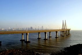 Bandra–Worli Sea Link, cable-stayed bridge on water at distant city, india, mumbai