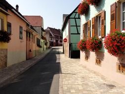 old one-storey buldings with flower boxes at windows on alley, france, nordheim