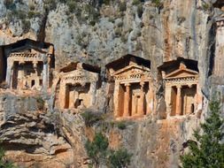 ancient rock carved tombs, turkey, dalyan, caunos