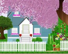 blooming cherry tree at village house, colorful illustration