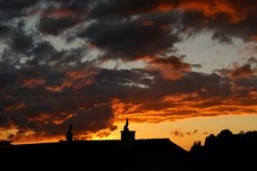 landscape of roof with chimney at sunset