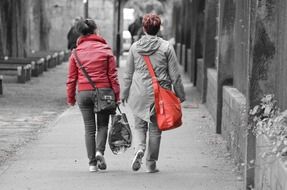 two woman with bags walking on street, back view