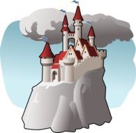 fairy tale castle on rock at clouds, colorful illustration