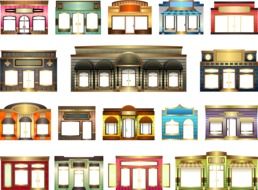 colorful vintage facades of shops, illustration