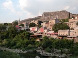 Buildings of the old town at neretva river, UNESCO World Heritage Site, Bosnia and Herzegovina, Mostar,