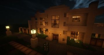 modern house at night, visualization, minecraft