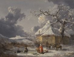 people on frozen pond at snowy winter in vilage, painting by george morland