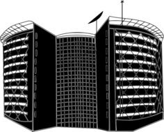 modern multi-storey building, black and white illustration