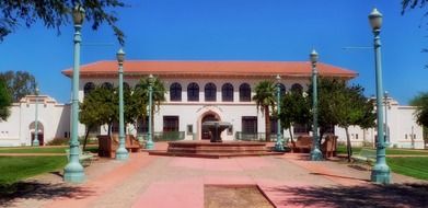 plaza with fountain at city hall, usa, arizona, casa grande