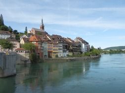 landscape of row of picturesque old houses at rhine river, switzerland, laufenburg