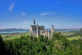 scenic summer landscape, neuschwanstein castle on mountain at forest, germany, bavaria