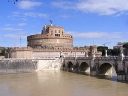 ancient roman Mausoleum of Hadrian, Castle of the Holy Angel, at river, italy, rome