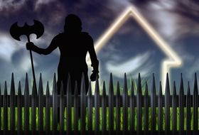 silhouette of medieval warrior behind fence, illustration