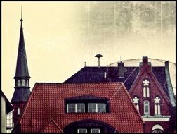 picturesque roofs of old city, aged texture, germany, diepholz