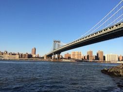 View from the river to the Brooklyn Bridge and skyscrapers in New York