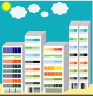 colorful apartment blocks in city, illustration