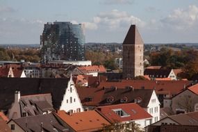 bird s eye view of modern building in old town
