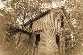 abandoned wood old house, black white photo