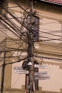 street signs and electric wires on pole, romania, cluj napoca