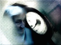 old woman and clock face at brick wall, collage