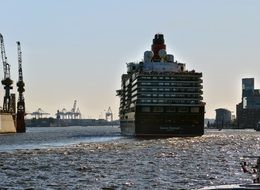 back view of queen elisabeth cruise ship at harbour, germany, hamburg