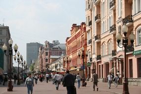 people walking on arbat, historic street, russia, moscow