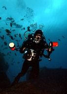 diver with lights and camera underwater among fish, florida