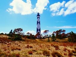 outer banks light house on sand dune at summer, usa, north carolina