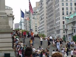 crowded people on stairway in city, usa, manhattan, nyc