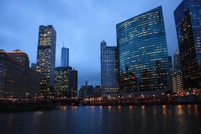 downtown at river, night skyline, usa, illinois, chicago