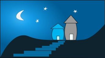 two cartoon houses on mountain under starry sky