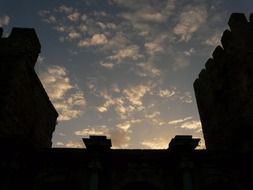 top of ancient roman hadrian's gate at dusk, silhouette, turkey, antalya