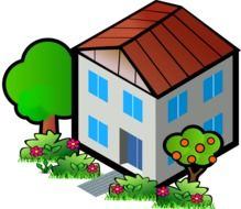 trees and flowers at residental building, illustration