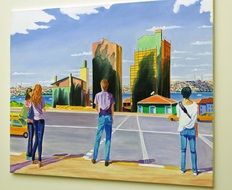 young people on street, modern painting