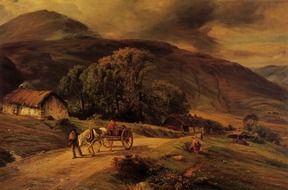 man and horse-drawn cart on road in countryside, painting by macwhirter