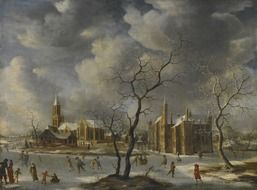 people skating at medieval town, painting by anthony beerstraten